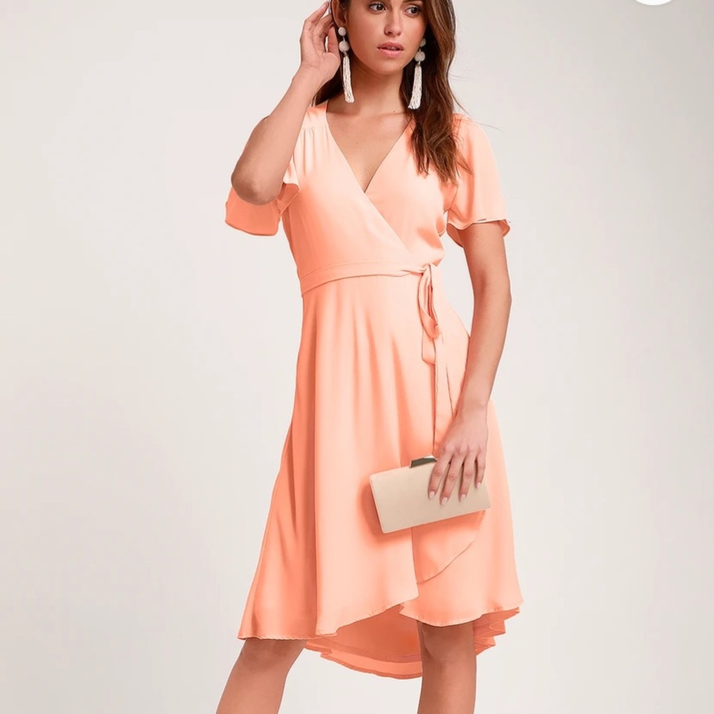 Lulus peach rise to the occasion midi wrap dress